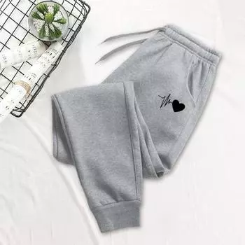 Брюки унисекс Yousheng весна-осень, эластичный пояс на завязках, резинка на щиколотке, узор в виде сердца, плотные плюшевые брюки, однотонные, свободные, спортивные брюки в уличном стиле S серый