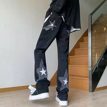 Брюки в американском стиле, уличные голубые джинсы со звездами и вышивкой, мужские брюки прямого кроя с дизайнерским смыслом 2XL синий