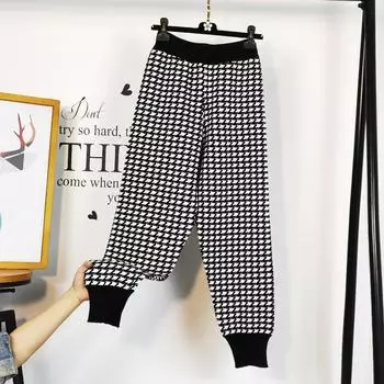 Брюки в черно-белую клетку женские брюки осень-зима утолщенные с высокой талией драпированные свободные повседневные брюки Харлан трикотажные жаккардовые леггинсы one size fits all чёрный