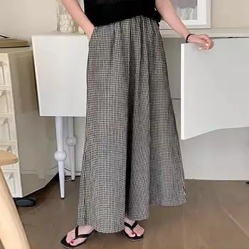 Брюки в клетку в стиле ретро, женские, широкие, элегантные, офисные брюки, с высокой талией, модные, повседневные, свободные брюки, большие размеры S чёрный
