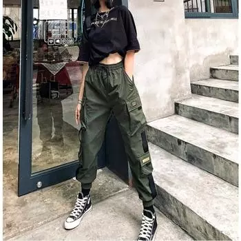 Брюки в стиле хип-хоп Харадзюку, женская уличная одежда, эластичный пояс, черные спортивные штаны, свободные, повседневные, большого размера, для весны и осени S хаки