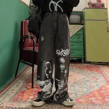 Брюки в стиле хип-хоп в американском стиле High Street, уличные джинсы с граффити, женские весенние брюки в стиле BF с высокой талией, широкие брюки в стиле рок S