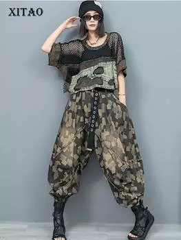 Брюки XITAO с принтом в стиле пэчворк и карманами на эластичной талии GJ2024