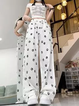 Брюки Ямамото с принтом щенячьих лап, летние свободные повседневные широкие брюки с высокой талией, корейский модный дизайн, брюки, уличная одежда S чёрный/белый