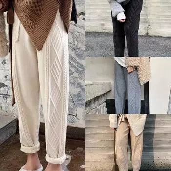 Брюки женские 2024 повседневные сетчатые красные свободные брюки осенние и зимние брюки брюки-репа вязаные шерстяные брюки One Size чёрный