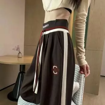 Брюки женские, большие размеры, с высокой талией, эластичные спортивные полосатые брюки, женские прямые повседневные широкие брюки в стиле ретро в стиле ретро L чёрный