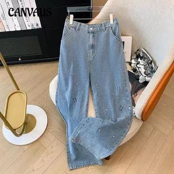 Брюки женские больших размеров, модные, с высокой талией, с принтом, джинсы, широкие брюки на весну и осень 2XL синий