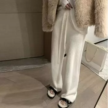 Брюки женские из шерсти норки с высокой талией, свободные, пушистые, прямые, трикотажные, широкие, для женщин, осень и зима one size белый