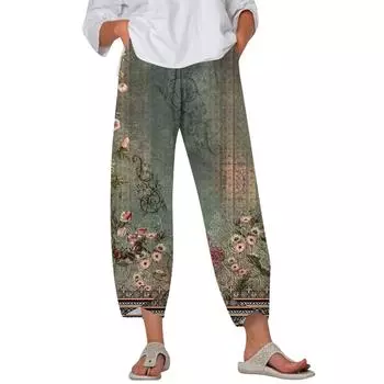 Брюки женские летние повседневные широкие брюки с эластичной резинкой на талии и карманами L армия зеленый