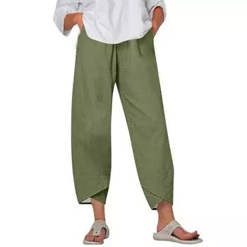 Брюки женские летние повседневные широкие брюки с эластичной резинкой на талии и карманами L армия зеленый