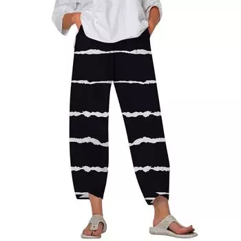 Брюки женские летние повседневные широкие брюки с эластичной резинкой на талии и карманами L чёрный