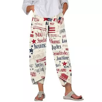 Брюки женские летние повседневные широкие брюки с эластичной резинкой на талии и принтом с карманами L бежевый