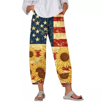 Брюки женские летние повседневные широкие брюки с эластичной резинкой на талии и принтом с карманами XXL жёлтый