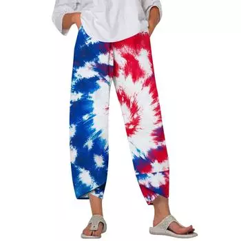 Брюки женские летние повседневные широкие брюки с эластичной резинкой на талии и принтом с карманами XXL синий