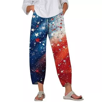 Брюки женские летние повседневные широкие брюки с эластичной резинкой на талии и принтом с карманами XL