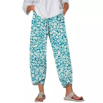 Брюки женские летние повседневные широкие брюки с эластичной резинкой на талии и принтом с карманами XXL синий