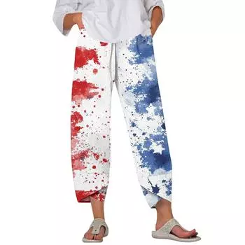 Брюки женские летние повседневные широкие брюки с эластичной резинкой на талии и принтом с карманами S