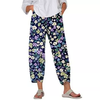 Брюки женские летние повседневные широкие брюки с эластичной резинкой на талии и принтом с карманами XXL
