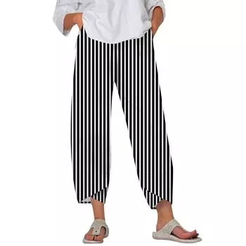 Брюки женские летние повседневные широкие брюки с эластичной резинкой на талии и карманами L
