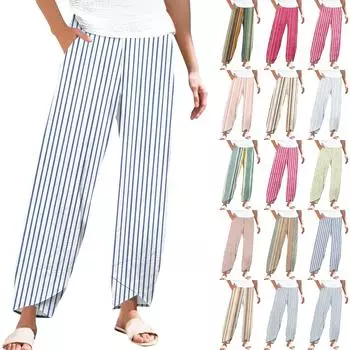 Брюки женские летние повседневные широкие брюки с эластичной резинкой на талии и карманами L синий