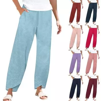 Брюки женские летние повседневные широкие брюки с эластичной резинкой на талии и карманами L бежевый