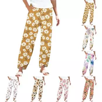 Брюки женские летние повседневные широкие брюки с эластичной резинкой на талии и карманами L бежевый