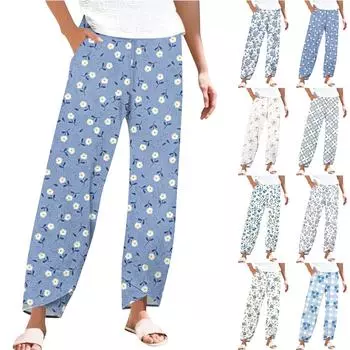 Брюки женские летние повседневные широкие брюки с эластичной резинкой на талии и карманами L синий