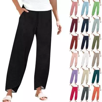 Брюки женские летние повседневные широкие брюки с эластичной резинкой на талии и карманами L армия зеленый