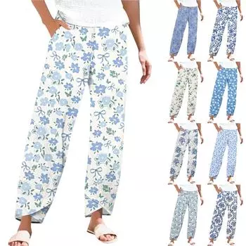 Брюки женские летние повседневные широкие брюки с эластичной резинкой на талии и карманами L бежевый