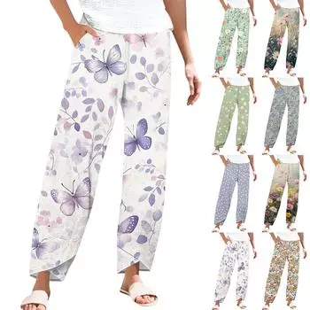 Брюки женские летние повседневные широкие брюки с эластичной резинкой на талии и карманами L армия зеленый