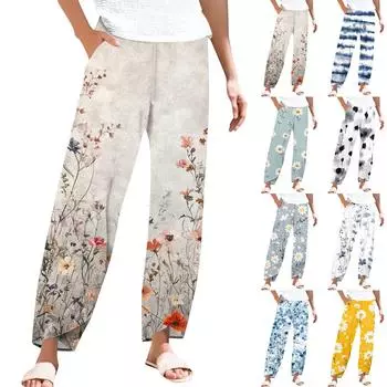 Брюки женские летние повседневные широкие брюки с эластичной резинкой на талии и карманами L синий