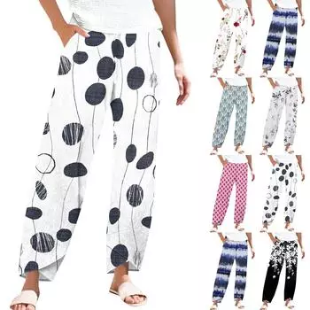 Брюки женские летние повседневные широкие брюки с эластичной резинкой на талии и карманами L