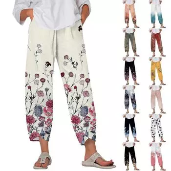 Брюки женские летние повседневные широкие брюки с эластичной резинкой на талии и карманами L