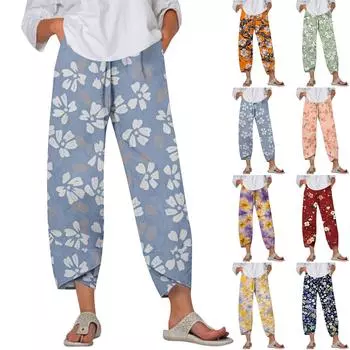 Брюки женские летние повседневные широкие брюки с эластичной резинкой на талии и принтом с карманами L синий