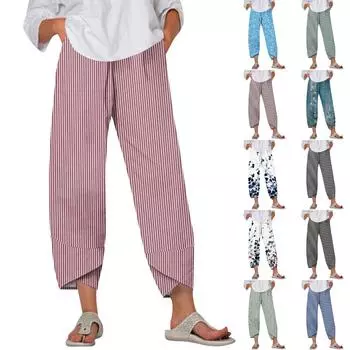 Брюки женские летние повседневные широкие брюки с эластичной резинкой на талии и принтом с карманами L армия зеленый