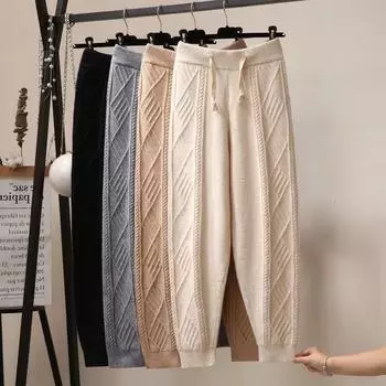 Брюки женские повседневные сетчатые красные свободные брюки осенне-зимние толстые брюки-морковки с окантовкой носка и вязаной пряжей брюки, надеваемые навыпуск XL чёрный