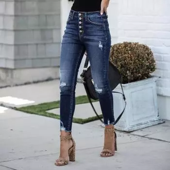 Брюки женские с высокой талией и карманами, узкие леггинсы на осень-весну, уличная одежда с карманами и пуговицами, повседневные брюки XXL синий