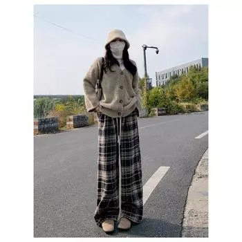Брюки женские шерстяные клетчатые темно-синие бархатные осенне-зимние 2024 года, новые широкие брюки с высокой талией, повседневные брюки на весну и осень S