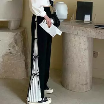 Брюки женские в стиле пэчворк, свободные летние, в консервативном стиле, повседневные широкие брюки в корейском стиле, универсальные брюки с высокой талией для подростков, уютный новый дизайн S чёрный