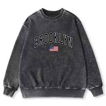 Бруклин Принт Флага США Выстиранные Потертые Толстовки Женская Мода Мягкий Хлопок Худи Осенний Тонкий стиль Топы S