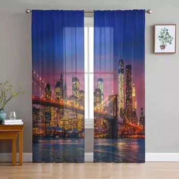 Бруклинский мост, здание, ночной вид, тюлевые прозрачные оконные шторы для гостиной, спальни, современная вуаль, занавески из органзы, шторы W135 x H115cm x1