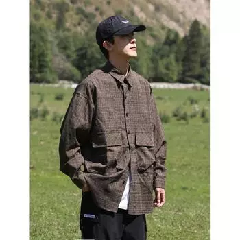 Brushed Plaid Shirt Coat Men s Spring and Autumn Long-Sleeved Korean Style Trendy Loose and Lazy Style Boys Retro Outerwear Shirt M хаки