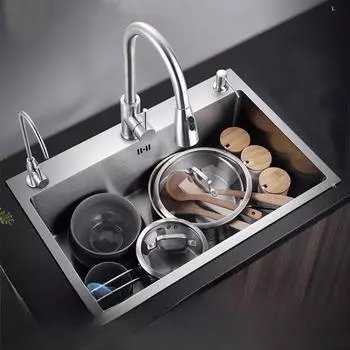 Brushed Stainless Steel Kitchen Sink with Large Single Basin and Three Holes 55x45