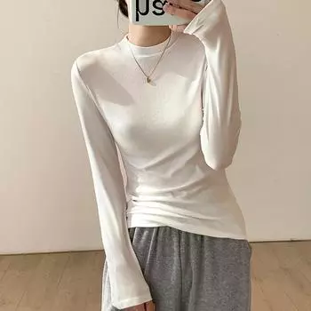 Brushed thickened small turtleneck bottoming shirt for women to wear with autumn winter clothing 2024 slim round neck long-sleeved T-shirt for women S