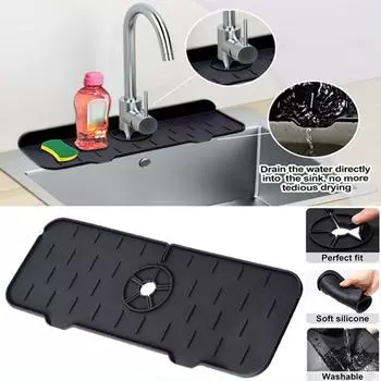 Брызговик для кухонной раковины, силиконовый поддон для сбора капель с ручкой смесителя, впитывающий коврик для смесителя, защитные приспособления для кухонной мойки, аксессуары для кухонной мойки 1PCS чёрный