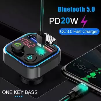 BT23 Car Bluetooth 5.0 FM Transmitter Quick Charger PD 20W+ QC3.0 Hands Free Call One Key Bass Noise Reduction Lossless Mp3