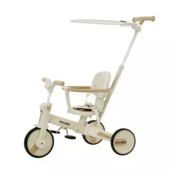 BTM Luxury Tricycle включает в себя безопасную ручку управления сиденьем x Tricycle, складывание одним нажатием, детский трехколесный велосипед, транспортное средство, солнцезащитный козырек, руль, ремень, (Бежево-коричневый)