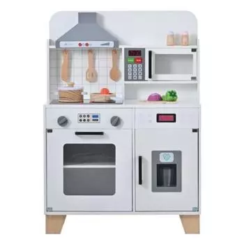 BTM Play House Kitchen Деревянная кухня со светом и звуком Ледогенератор Кухонная утварь Приправы Ингредиенты Овощи Обучающая игрушечная плита Микроволновая печь белый