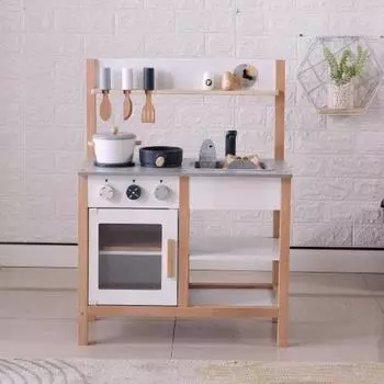 BTM Play House Kitchen Деревянный игровой домик с кухонными принадлежностями Кухня Мини-кухня Обучающая игрушка Имитация приправ Ингредиенты Игрушки для темно-серого