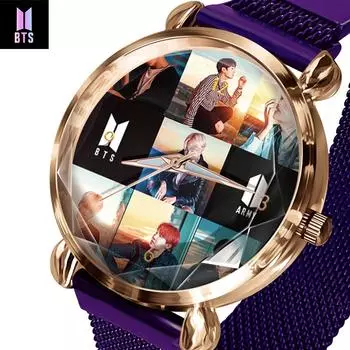 BTS Мужские повседневные модные наручные часы Мужской кожаный ремешок Женские кварцевые часы
